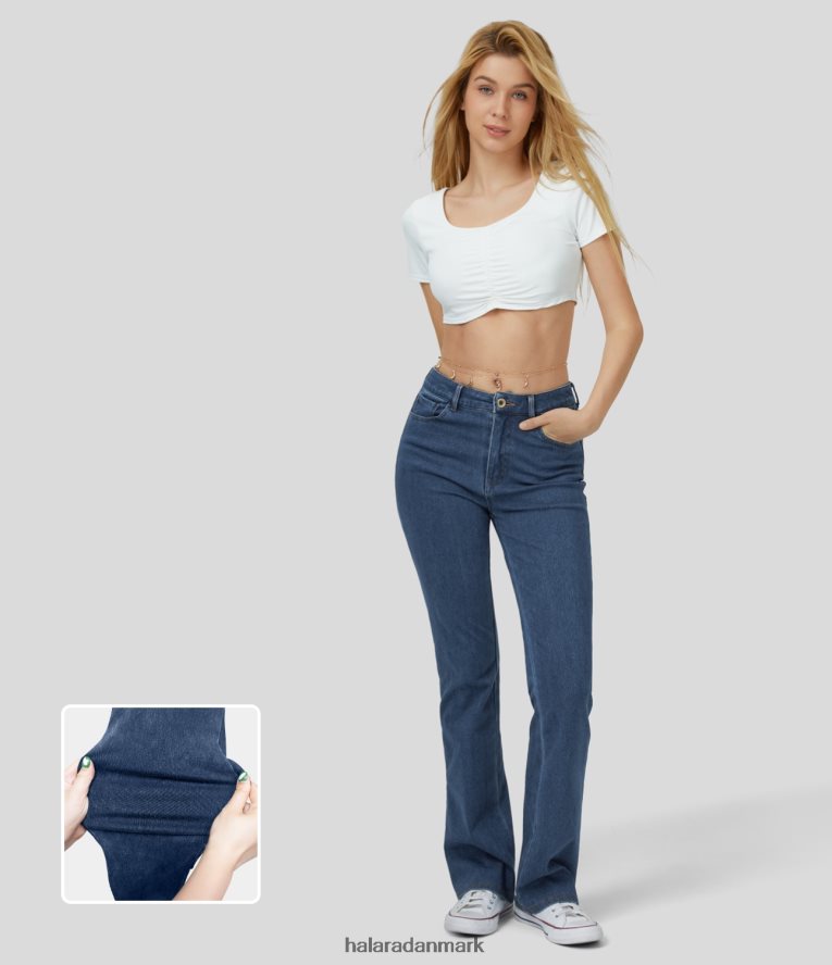 tøj dk Halara Kvinder magiske mellemhøjde knaplommer stretchy strikkede afslappede bootcut-jeans søblå denim TH606J107