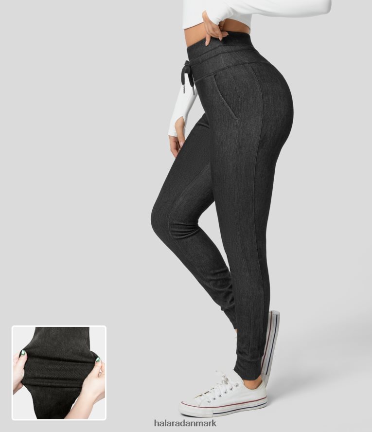 tøj dk Halara Kvinder magiske højtaljede snøre i sidelomme stretchy strik yoga jeans vasket denim sort TH606J32