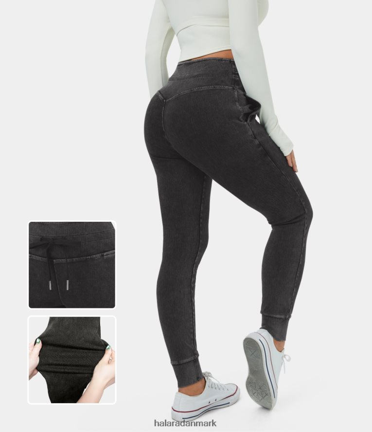 tøj dk Halara Kvinder magiske højtaljede snøre-sidelomme vaskede strækstrikkede casual jeans sort grå denim TH606J11