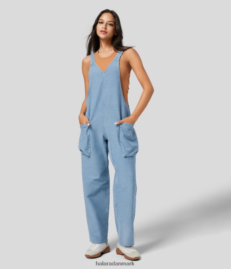 tøj dk Halara Kvinder magisk v-hals sidelomme stretchy strik denim afslappede overalls azurblå denim TH606J1408