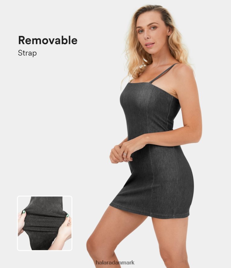 tøj dk Halara Kvinder magisk justerbar og aftagelig strop, rygløs bodycon stretchy strik denim mini casual kjole vasket denim sort TH606J1127