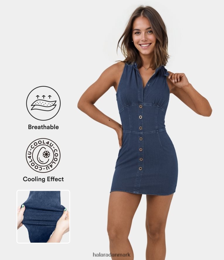tøj dk Halara Kvinder magisk krave ærmeløs plikeret korset knap cool touch åndbar vasket stretchy strik denim mini casual kjole vasket denim indigo TH606J1206
