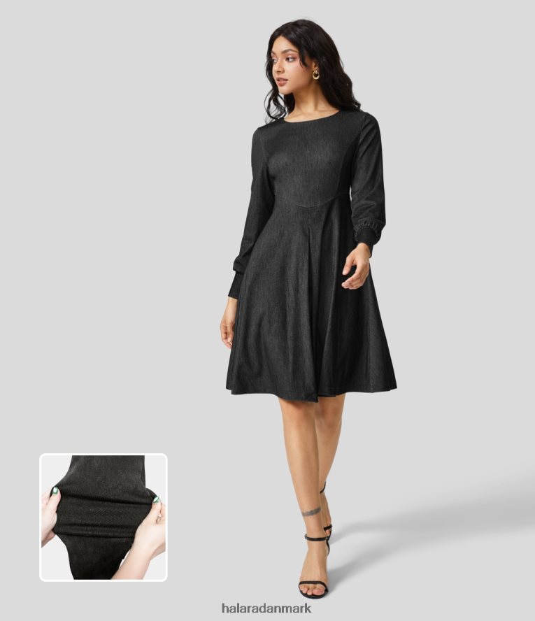 tøj dk Halara Kvinder magisk rund hals langærmet sidelomme korset plet flare stretchy strik denim midi arbejdskjole vasket denim sort TH606J1236