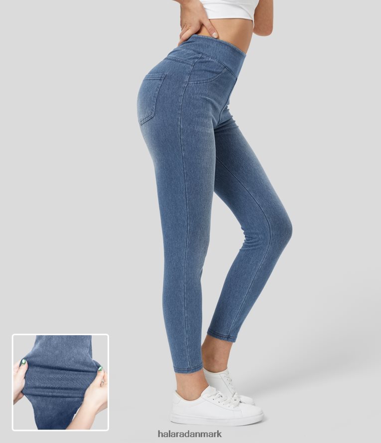 tøj dk Halara Kvinder magiske højtaljede baglomme stretchy strik denim afslappede leggings lyseblå denim TH606J111
