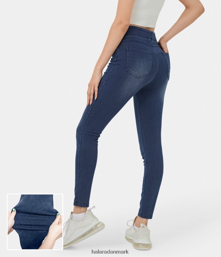tøj dk Halara Kvinder magiske højtaljede baglomme stretchy strik denim casual 7/8 leggings jetblå denim TH606J1388