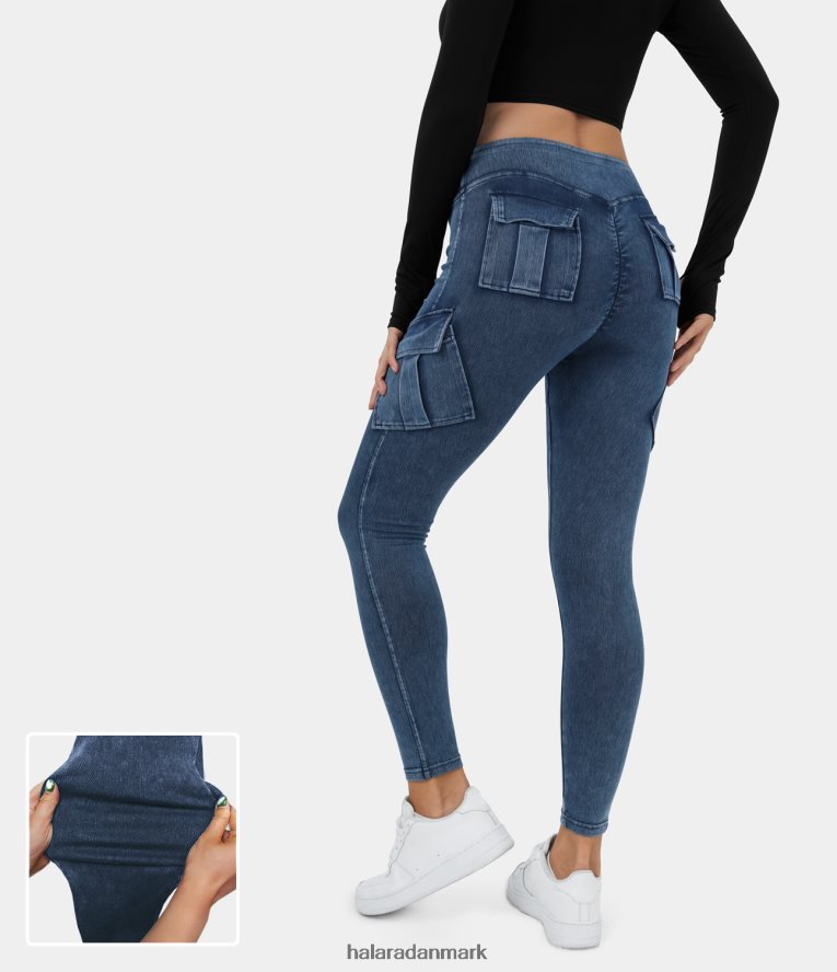 tøj dk Halara Kvinder magiske højtaljede cargo-lomme skinny stretchy strik denim afslappede leggings månebelyst hav TH606J239