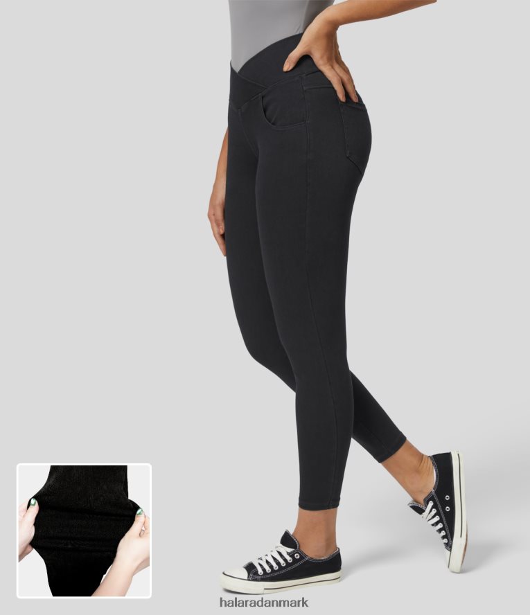 tøj dk Halara Kvinder magiske højtaljede crossover flere lommer stretchy strik denim arbejdsleggings sort denim TH606J106