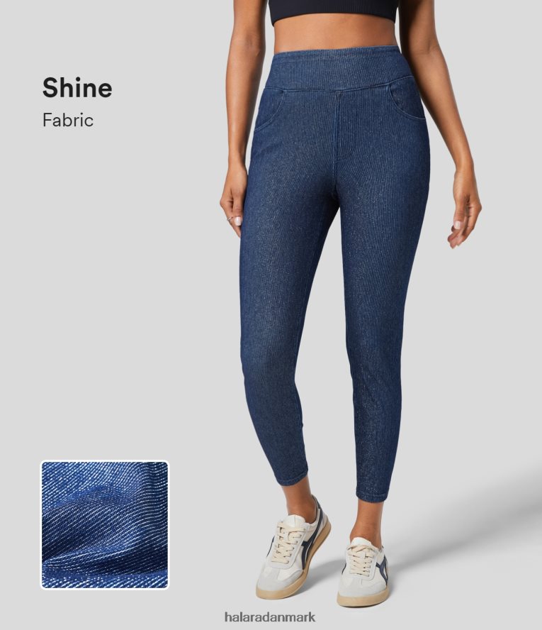 tøj dk Halara Kvinder magiske højtaljede flere lommer sølvglans stretchy strik denim afslappede 7/8 leggings jetblå sølv denim TH606J1403