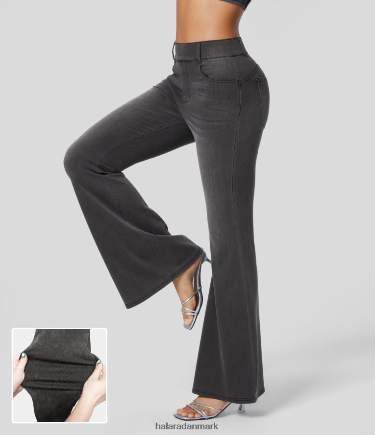 tøj dk Halara Kvinder magiske højtaljede flere lommer stretchy strik denim arbejde fuld længde flare leggings lysegrå vasket denim TH606J307