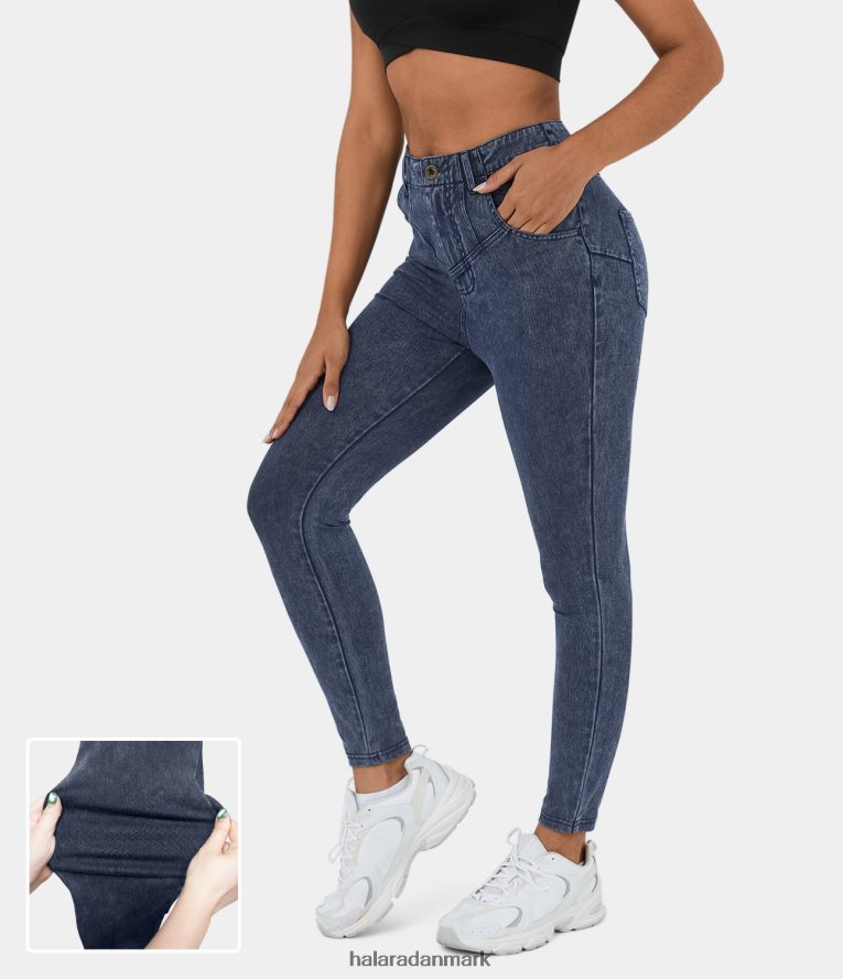 tøj dk Halara Kvinder magiske højtaljede knap flere lommer vask stretchy strik denim afslappede leggings vasket denim bleget blå TH606J1390