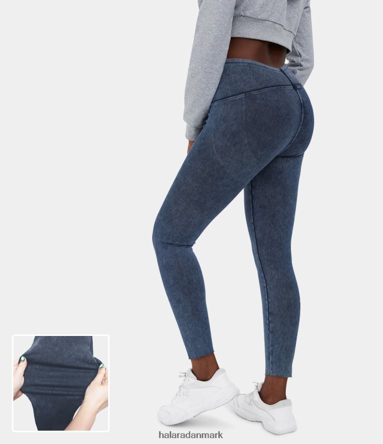 tøj dk Halara Kvinder magiske højtaljede stretchy strikke denim afslappede leggings vasket denim søblå TH606J1332