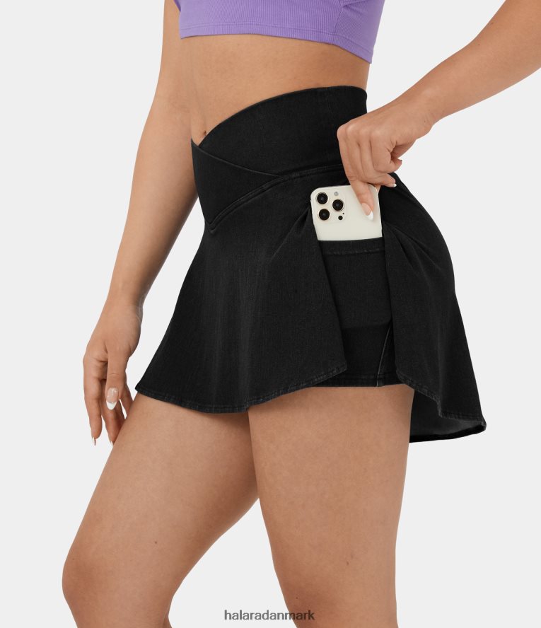 tøj dk Halara Kvinder magisk crossover 2-i-1 sidelomme cool touch åndbar vasket stretchy strik denim mini casual nederdel sort TH606J631