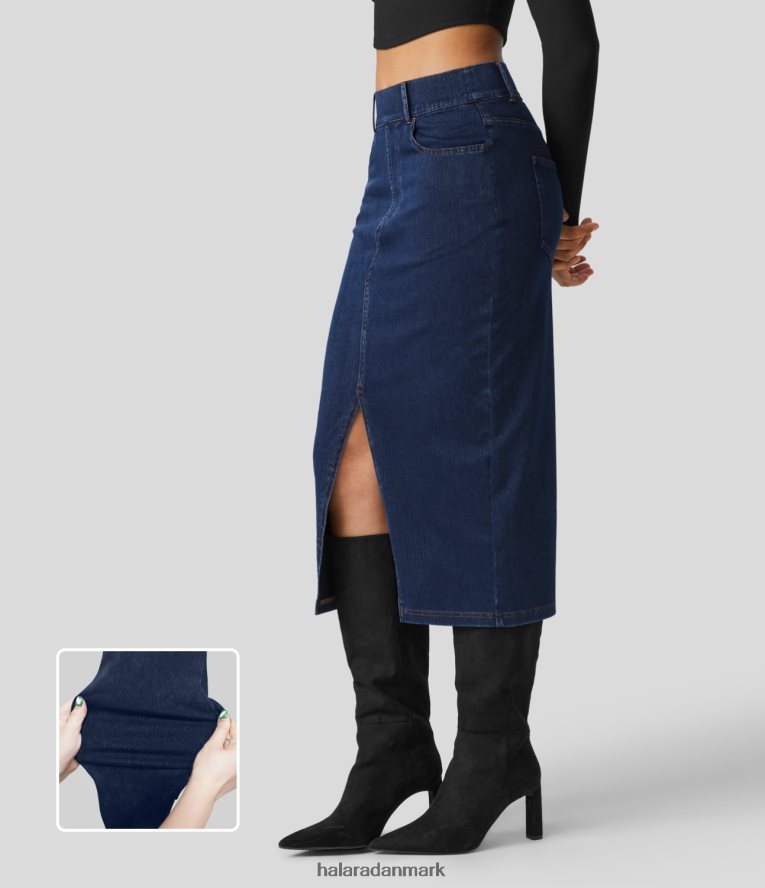 tøj dk Halara Kvinder magisk højtaljede flere lommer bodycon split stretchy strik denim casual midi nederdel indigo denim TH606J704