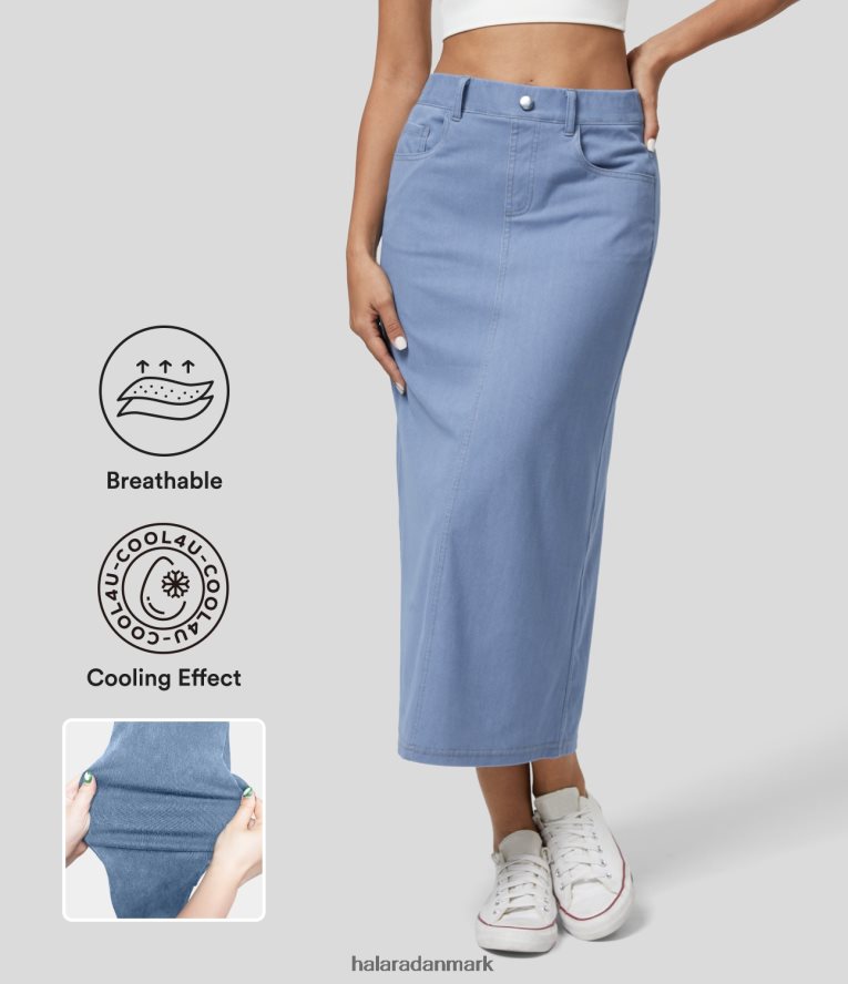 tøj dk Halara Kvinder magisk højtaljede flere lommer split cool touch vasket stretchy strik denim afslappet nederdel cyan denim TH606J634