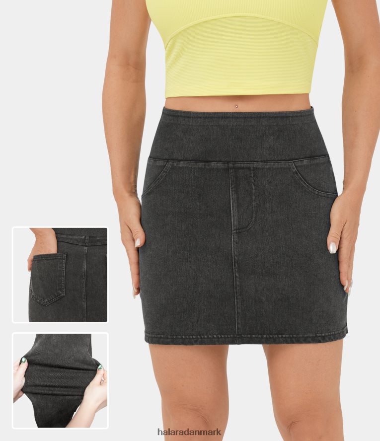 tøj dk Halara Kvinder magisk højtaljet baglomme stretchy strik denim bodycon mini casual nederdel vasket denim sort TH606J682