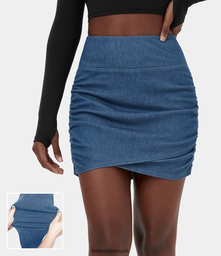 tøj dk Halara Kvinder magisk højtaljet bodycon stretchy strik denim mini ruched casual nederdel vasket denim søblå TH606J520