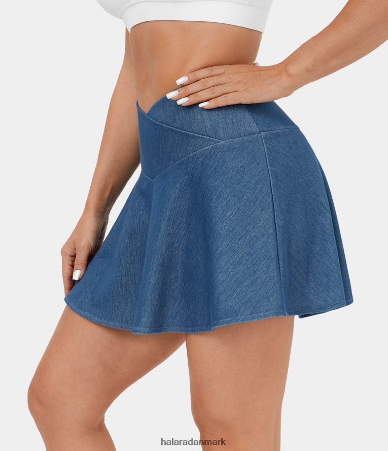 tøj dk Halara Kvinder magisk højtaljet crossover 2-i-1 sidelomme stretchy strik denim flare casual nederdel vasket denim søblå TH606J562