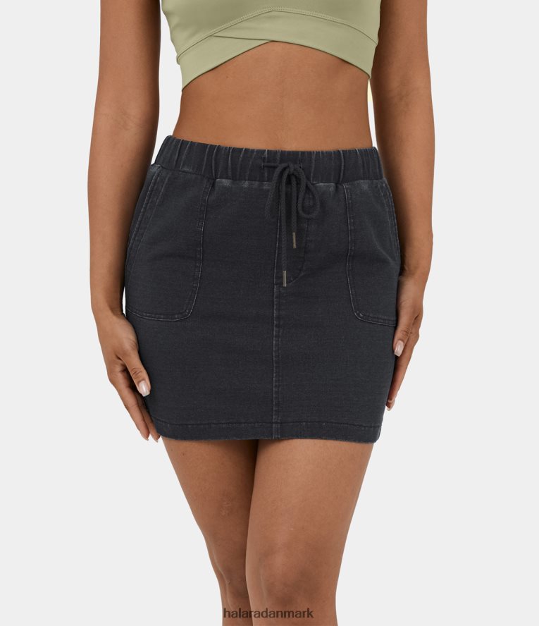 tøj dk Halara Kvinder magisk højtaljet lomme med snoretræk split stretchy denim mini casual nederdel vasket denim sort TH606J589
