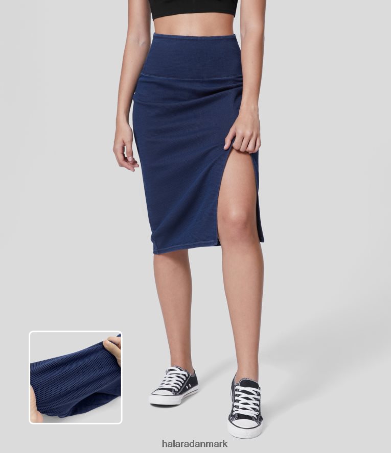 tøj dk Halara Kvinder magisk højtaljet splitsøm bodycon midi-vasket stretchy strik vaffel denim afslappet nederdel dyb blå TH606J730