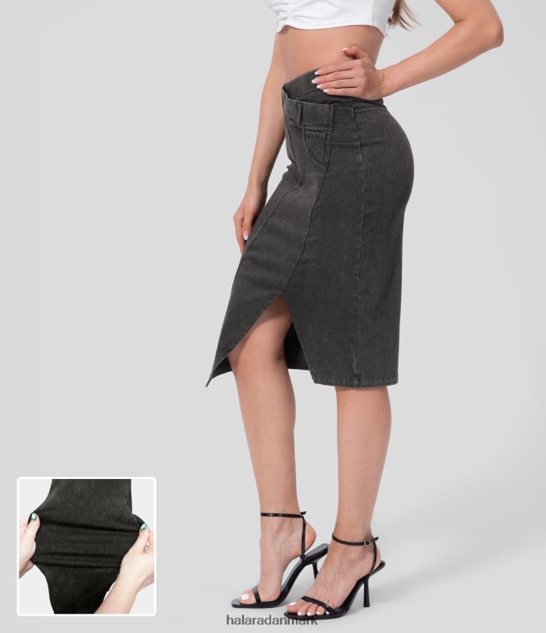 tøj dk Halara Kvinder magisk højtaljet splitsøm strækbar denim midi casual nederdel mørkegrå denim TH606J753