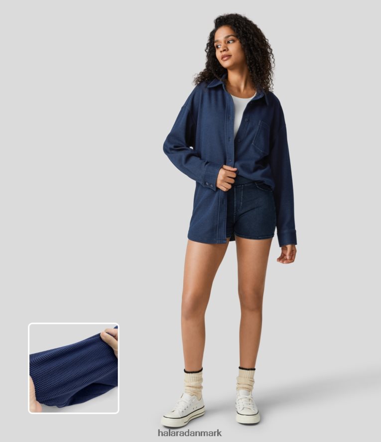 tøj dk Halara Kvinder magisk brystlomme knap foran buet kant strækstrikket vaffel denim afslappet jakke mørkeblå vaffel TH606J1361