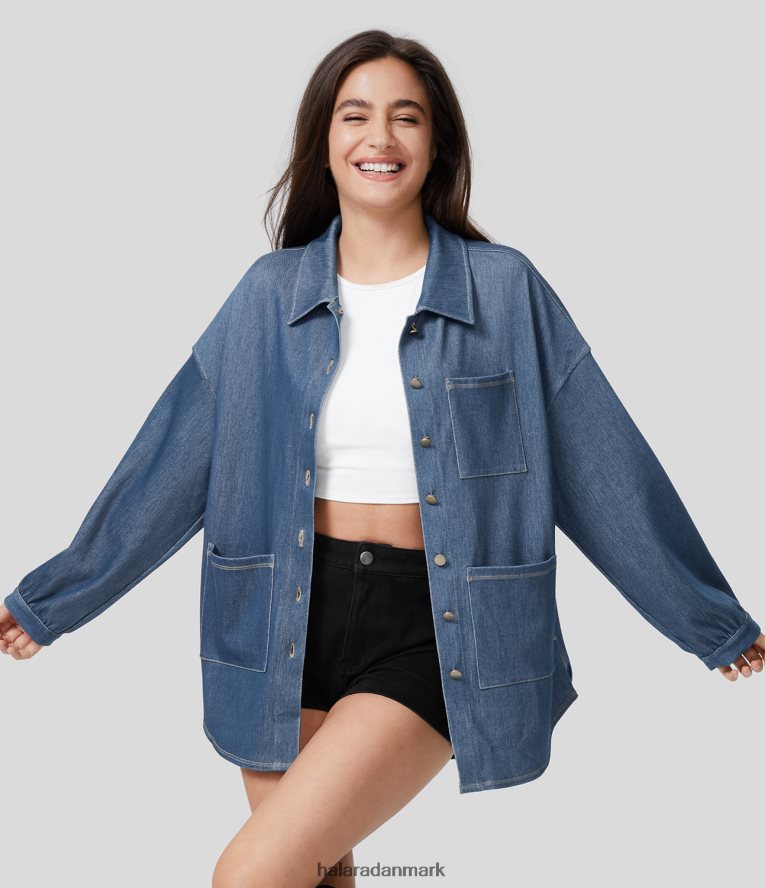 tøj dk Halara Kvinder magisk krave med flere lommer knap foran split buet kant stretchy strik denim arbejde oversize jakke vasket denim søblå TH606J1372