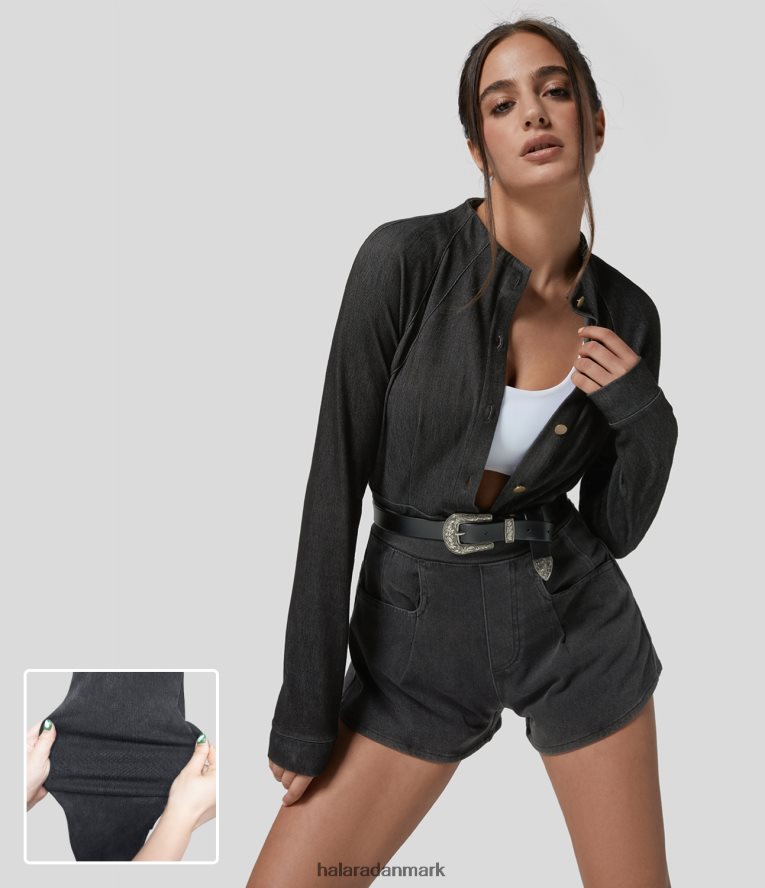 tøj dk Halara Kvinder magisk stativ krave knap langærmet lomme stretchy strik denim slim arbejdsjakke vasket denim sort TH606J1369