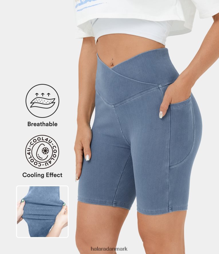 tøj dk Halara Kvinder magisk crossover lomme cool touch åndbar vasket stretchy strik denim afslappede shorts 7" cyan denim TH606J1293