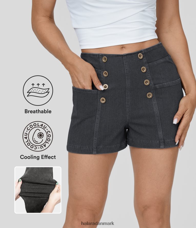 tøj dk Halara Kvinder magisk højtaljede knap flere lommer cool touch åndbar vasket stretchy strik denim afslappede shorts 2,5'' vasket denim sort TH606J1337