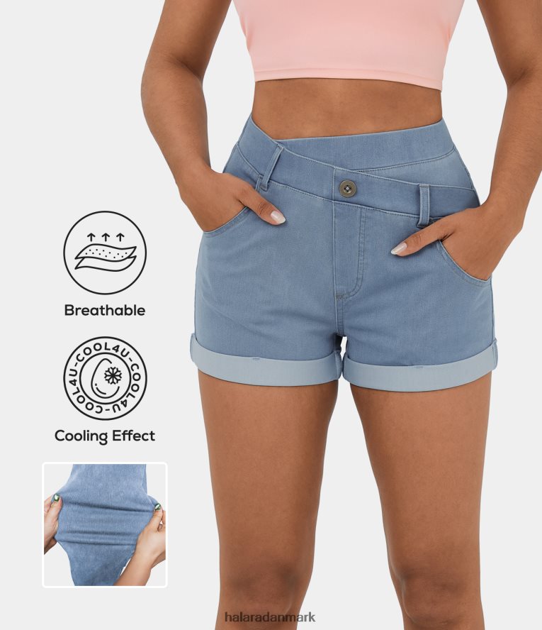 tøj dk Halara Kvinder magisk højtaljet crossover knap flere lommer rullesøm cool touch åndbar vasket stretchy strik denim afslappede shorts denim lyseblå TH606J1307