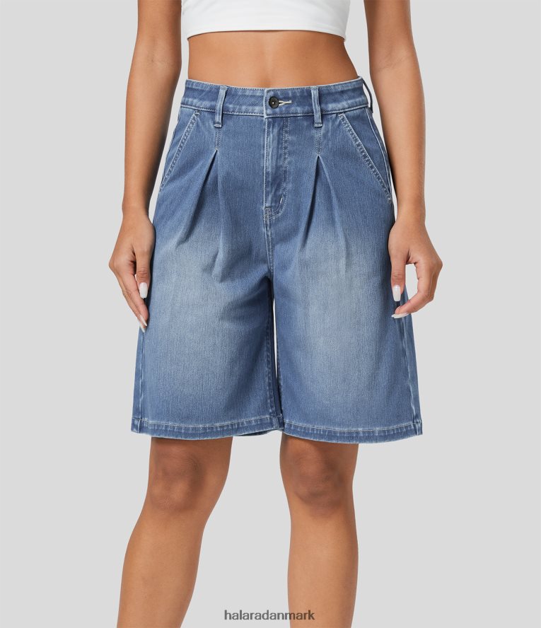 tøj dk Halara Kvinder magisk højtaljet knap lynlås flettet flere lommer vasket stretchy strik denim afslappede shorts akvamarin denim TH606J1364