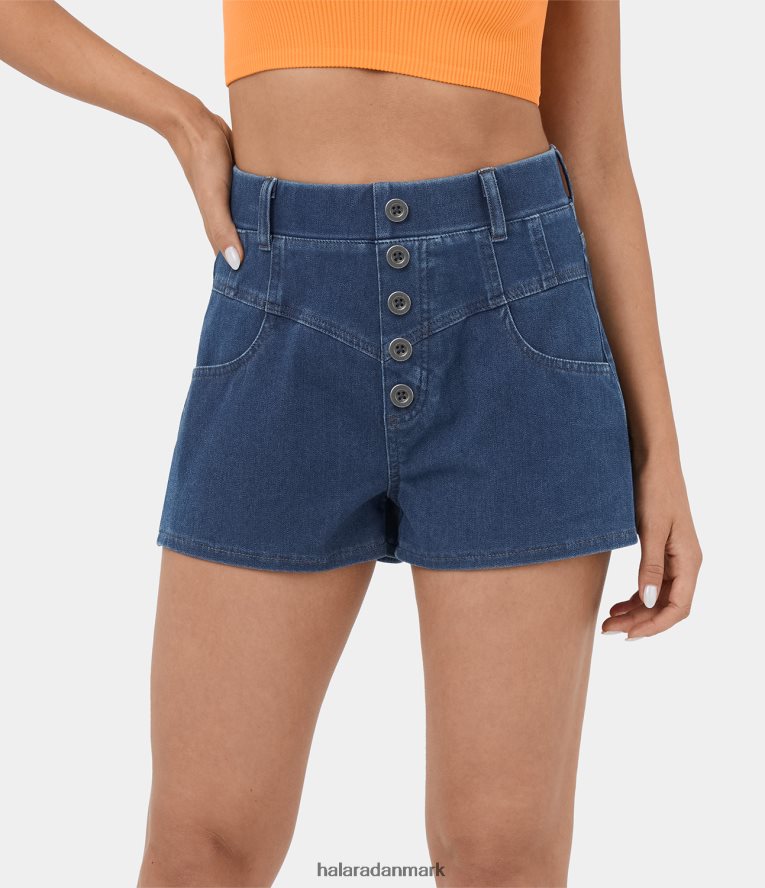 tøj dk Halara Kvinder magisk højtaljet knapsidelomme, cool touch åndbar, vasket stretchy strik denim afslappede shorts vasket denim søblå TH606J1314