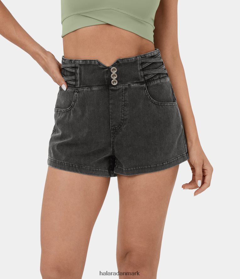 tøj dk Halara Kvinder magisk højtaljet v-formet linning på kryds og tværs med knaplommer cool touch åndbar vasket stretchy strik denim afslappede shorts 2,5'' vasket denim sort TH606J1342
