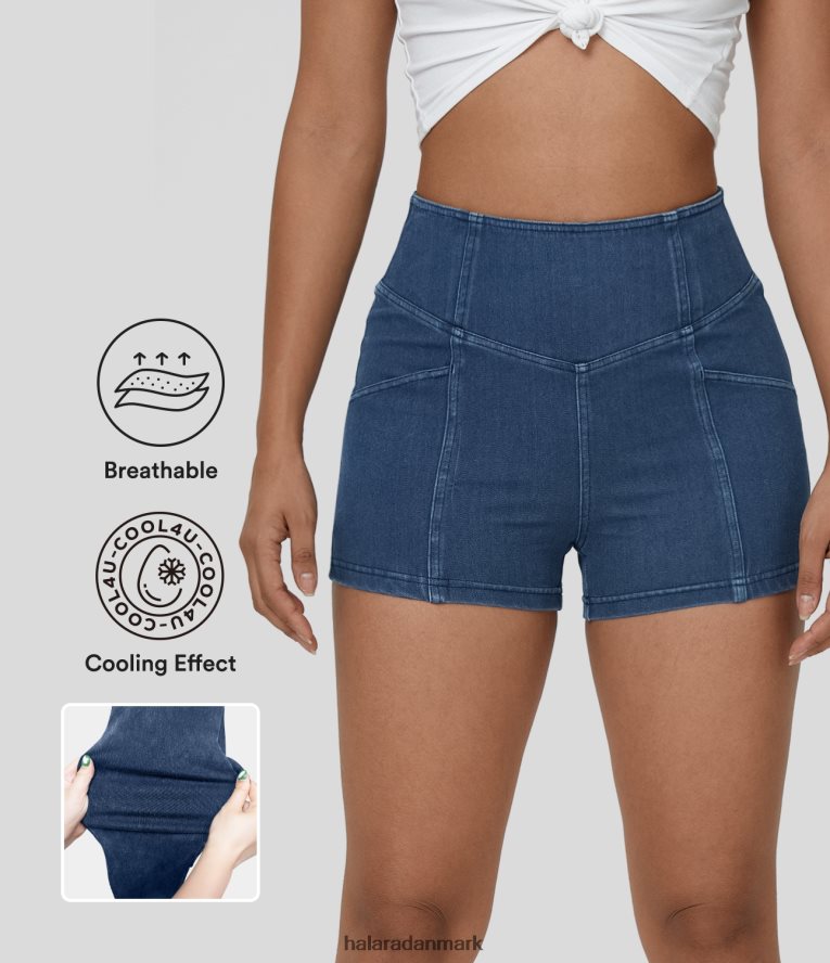 tøj dk Halara Kvinder magisk højtaljet v-formet sidelomme cool touch åndbar vasket stretchy strik denim afslappede shorts 2,5'' denim søblå TH606J1343