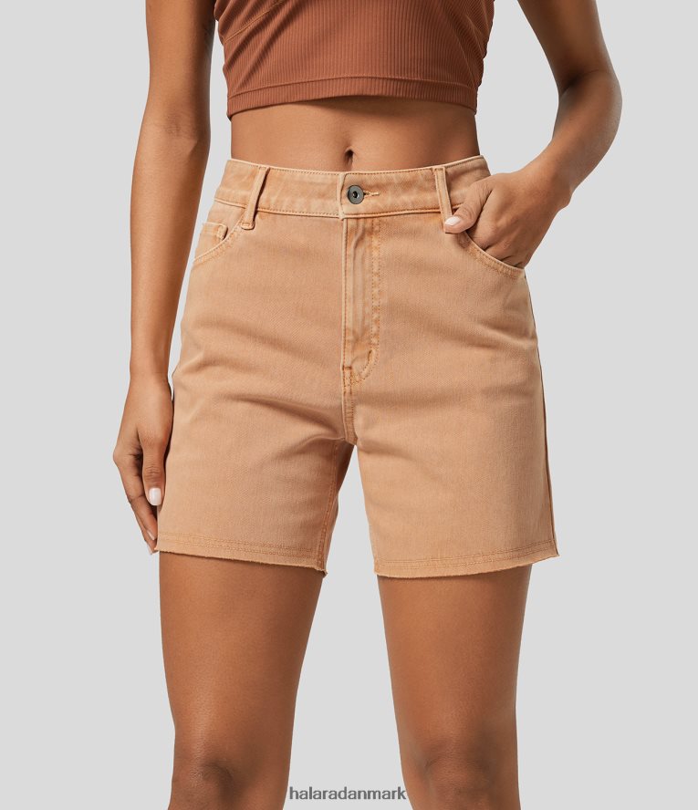 tøj dk Halara Kvinder magisk lynlås med mellemhøj knap flere lommer farverige strækstrikkede denim-shorts 3'' koral orange denim TH606J1381