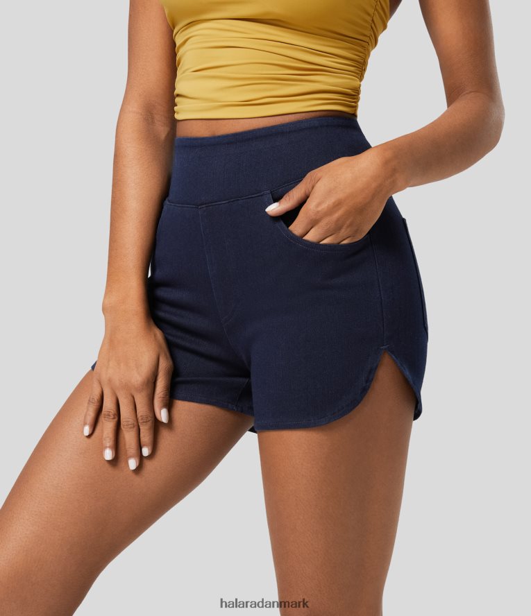 tøj dk Halara Kvinder magiske højtaljede flere lommer buet kant skinny vasket stretchy strik denim fritidsshorts 3'' blæk blå denim TH606J1325