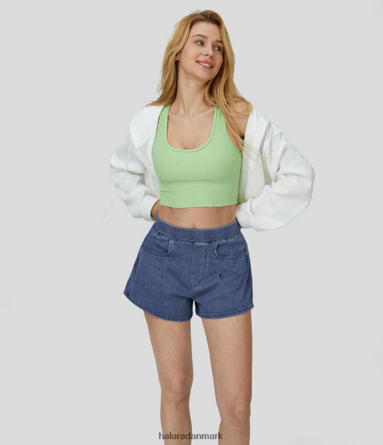 tøj dk Halara Kvinder magiske højtaljede sidelomme flettede strækstrikkede denimshorts vasket denim søblå TH606J1357