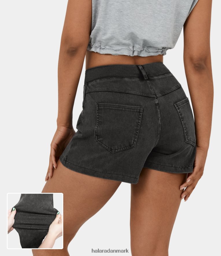 tøj dk Halara Kvinder magiske mellemhøjde bagsidelomme stretchy strikkede fritidsshorts vasket denim sort TH606J1329