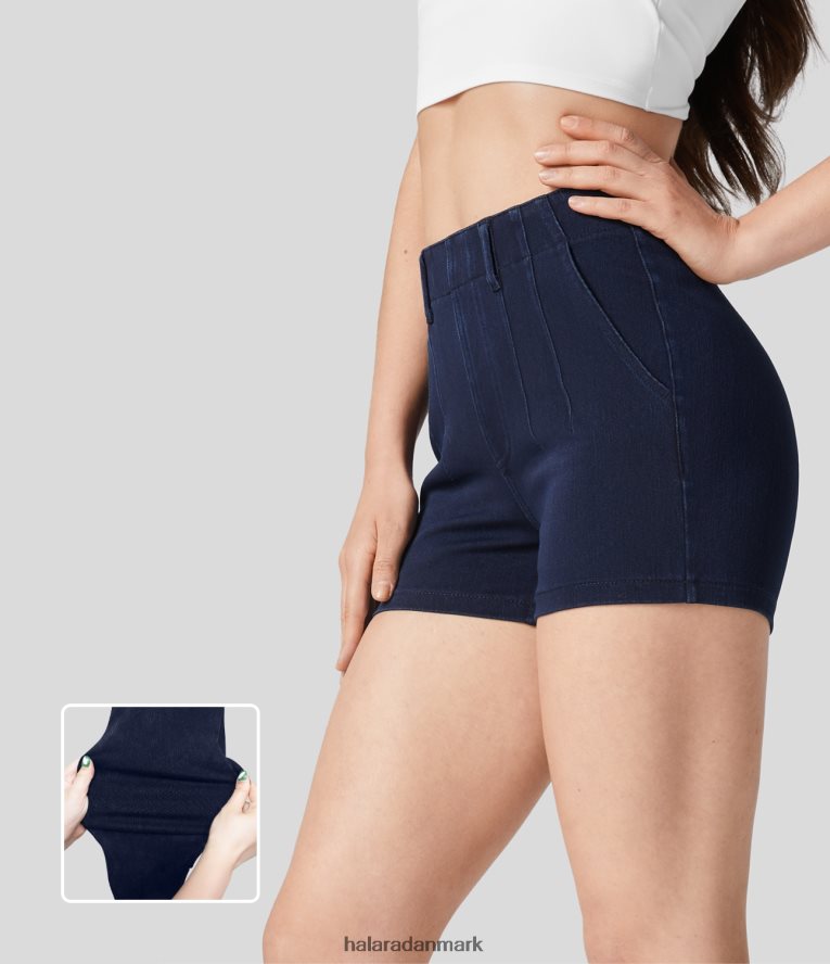 tøj dk Halara Kvinder magiske mellemhøjde sidelomme stretchy strik denim fritidsshorts 3'' slagskib blå denim TH606J1331
