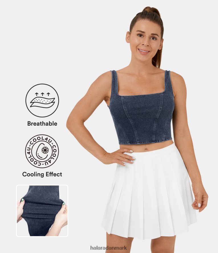 tøj dk Halara Kvinder magisk firkantet hals rygløst korset cool touch åndbar vasket stretchy strik denim afslappet tanktop vasket denim indigo TH606J1386