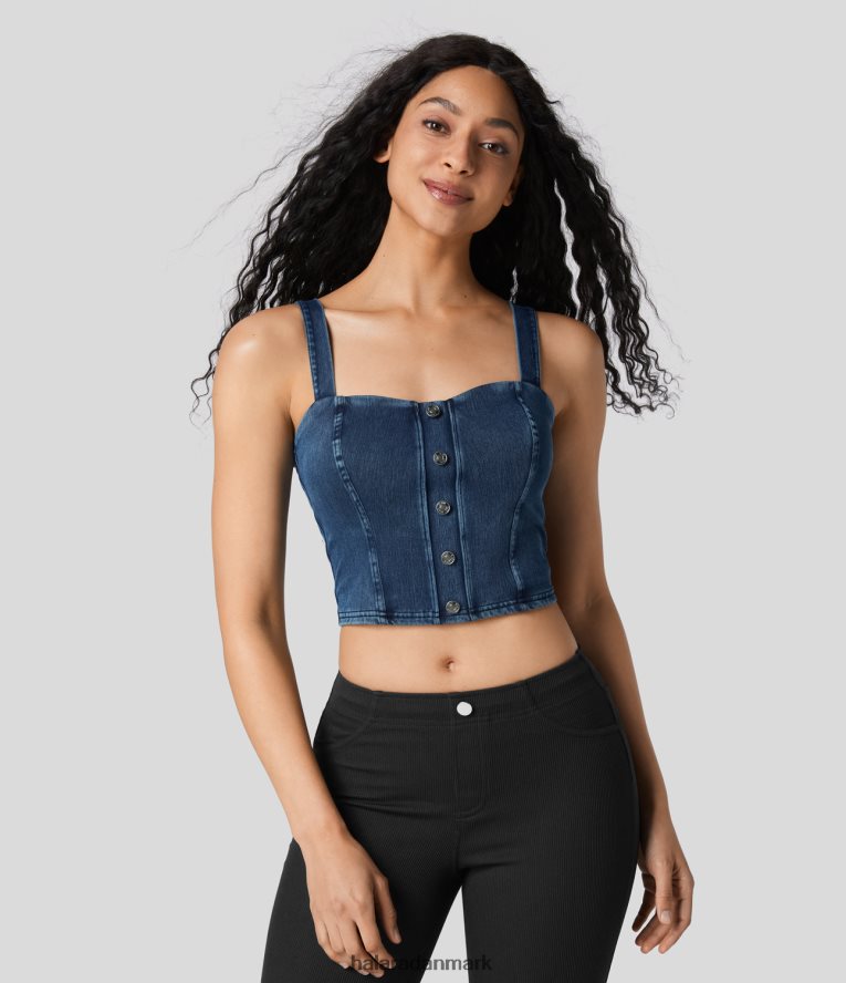 tøj dk Halara Kvinder magisk knap beskåret skinny stretchy strik denim afslappet tanktop original TH606J1339