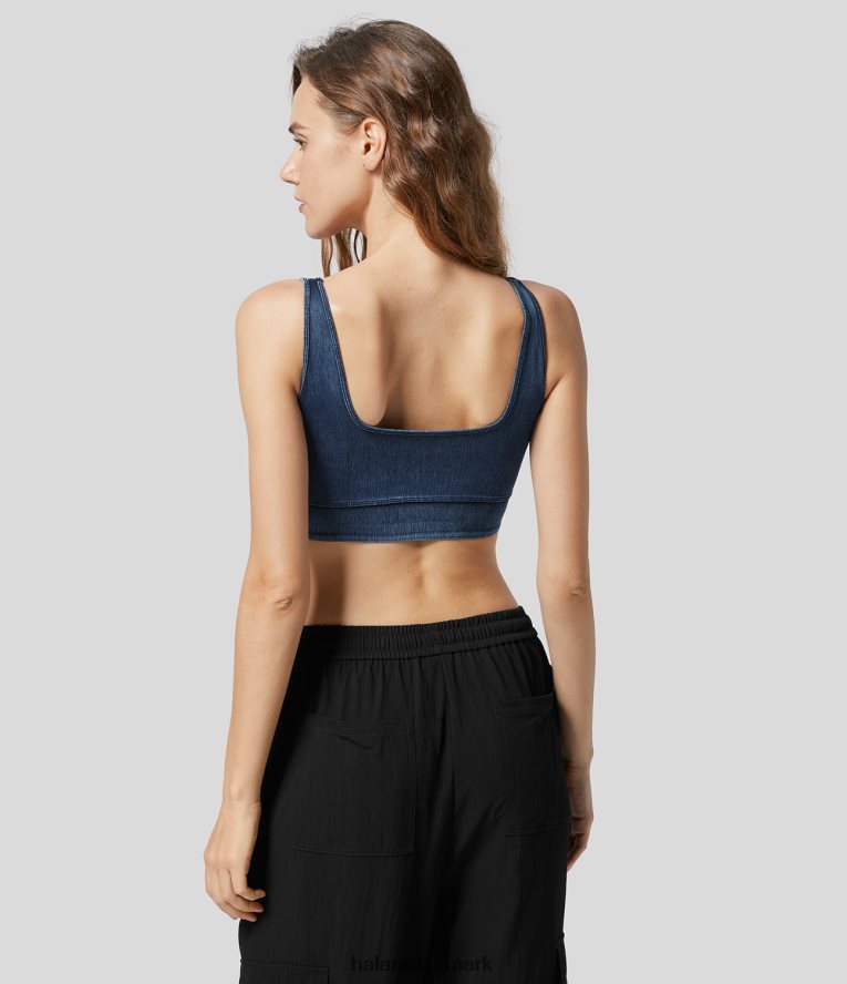 tøj dk Halara Kvinder magisk u-hals, rygløs stretchy strik denim cropped afslappet tanktop vasket denim søblå TH606J1368