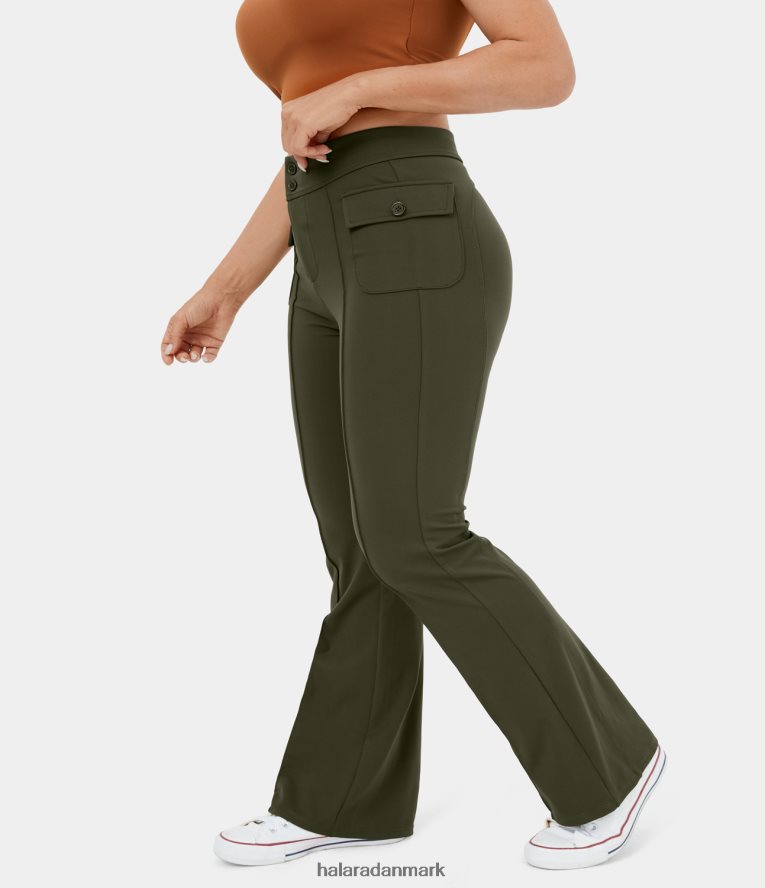 aktivt tøj dk Halara Kvinder højtaljede knap-sideflap-lomme flare plus size casual cargo-bukser original TH606J234