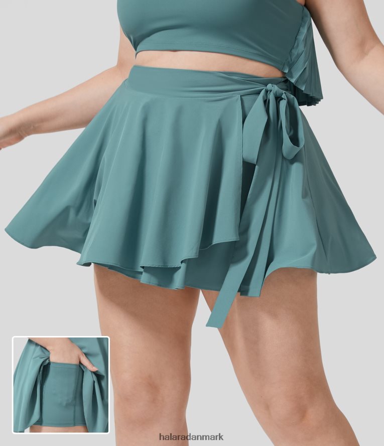 aktivt tøj dk Halara Kvinder Breezeful højtaljet bindebånd i siden 2-i-1 sidelomme flydende mikro mini flare hurtigtørrende afslappet plus size nederdel mineralblå TH606J546
