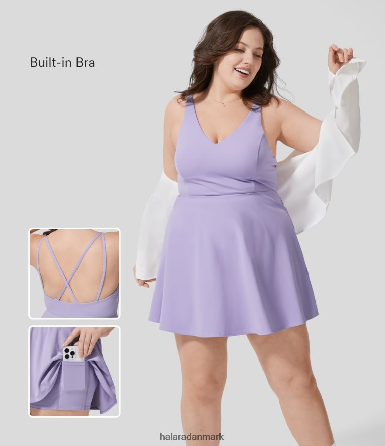 aktivt tøj dk Halara Kvinder softlyzero plys rygløs på kryds og tværs sidelomme 2-delt barre ballet dance plus size kjole lavendel TH606J2162