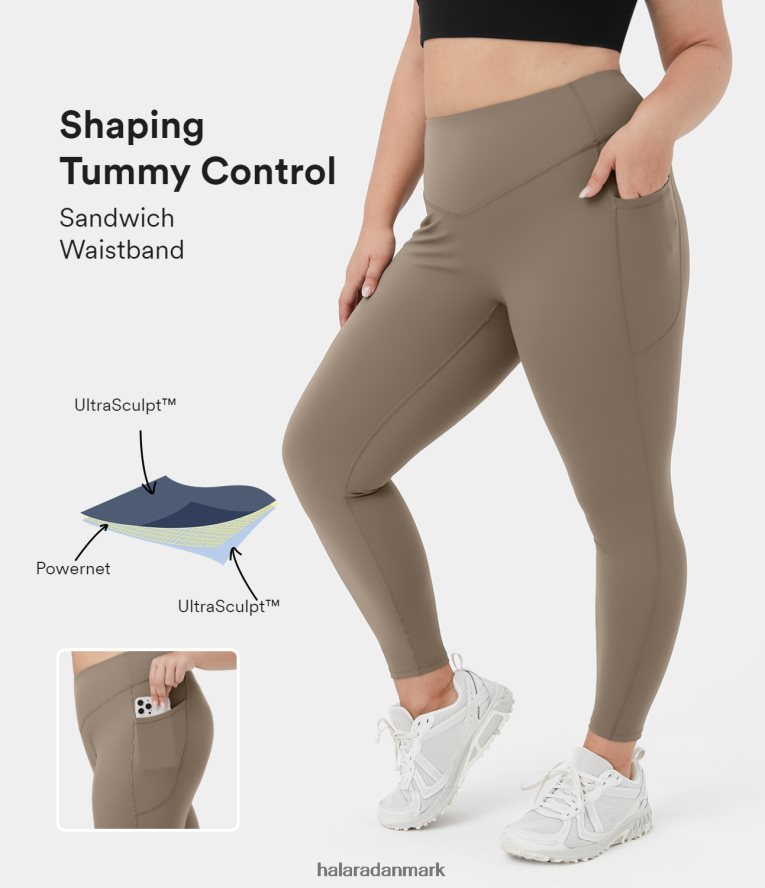 aktivt tøj dk Halara Kvinder socinched højtaljede mavekontrol sidelommeformende træning plus size leggings daggry brun TH606J1574