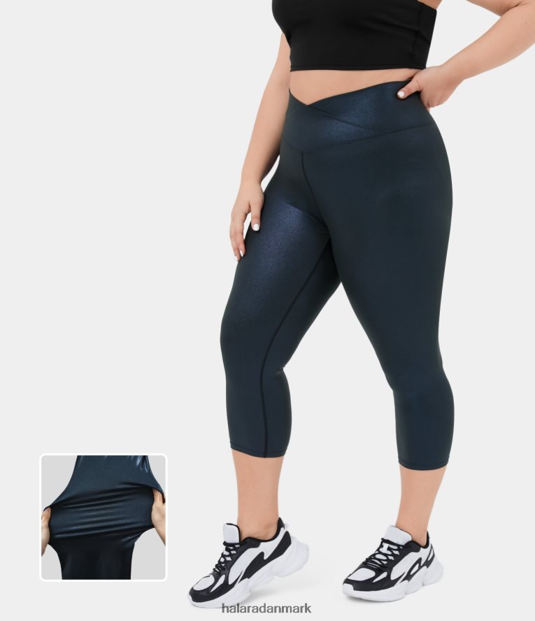 aktivt tøj dk Halara Kvinder softlyzero imiteret læder crossover baglomme folieprint stretchy yoga capri plus size leggings skinnende midnatsblå TH606J1525