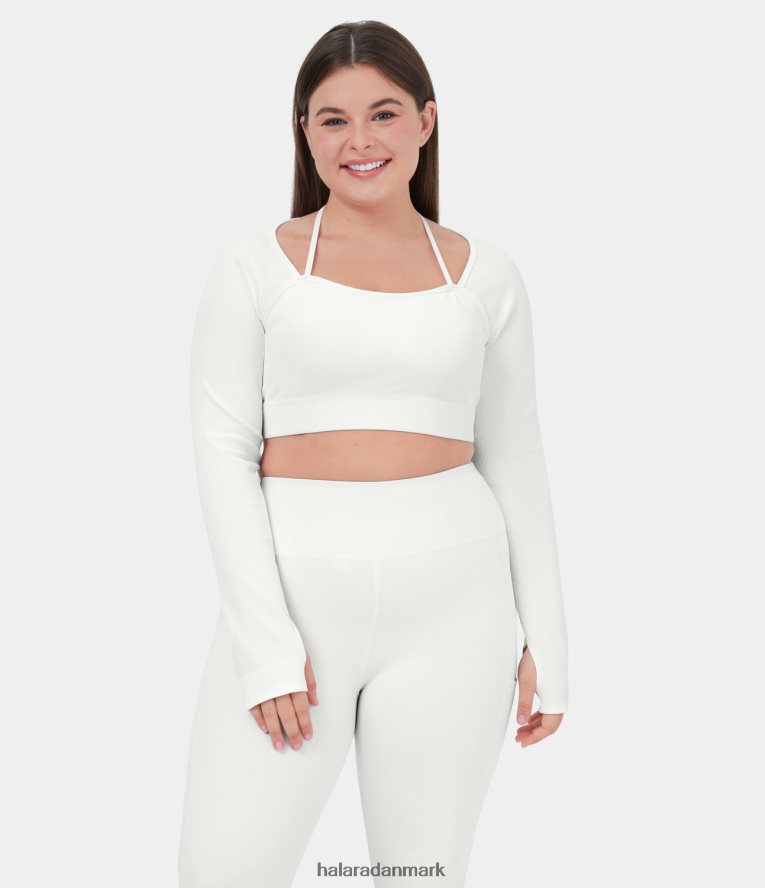 aktivt tøj dk Halara Kvinder ribbet grimestrop tommelfingerhul plus størrelse cropped yoga sportstop hvid TH606J1941