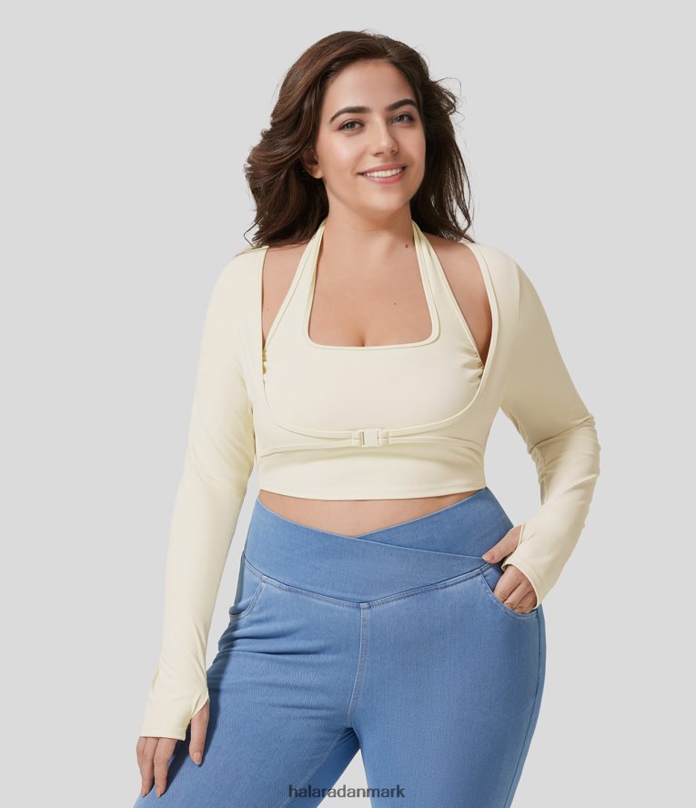 aktivt tøj dk Halara Kvinder softlyzero plys grime tommelfinger hul lange ærmer cropped 2-i-1 yoga plus size sports top ensom stjerne TH606J1976