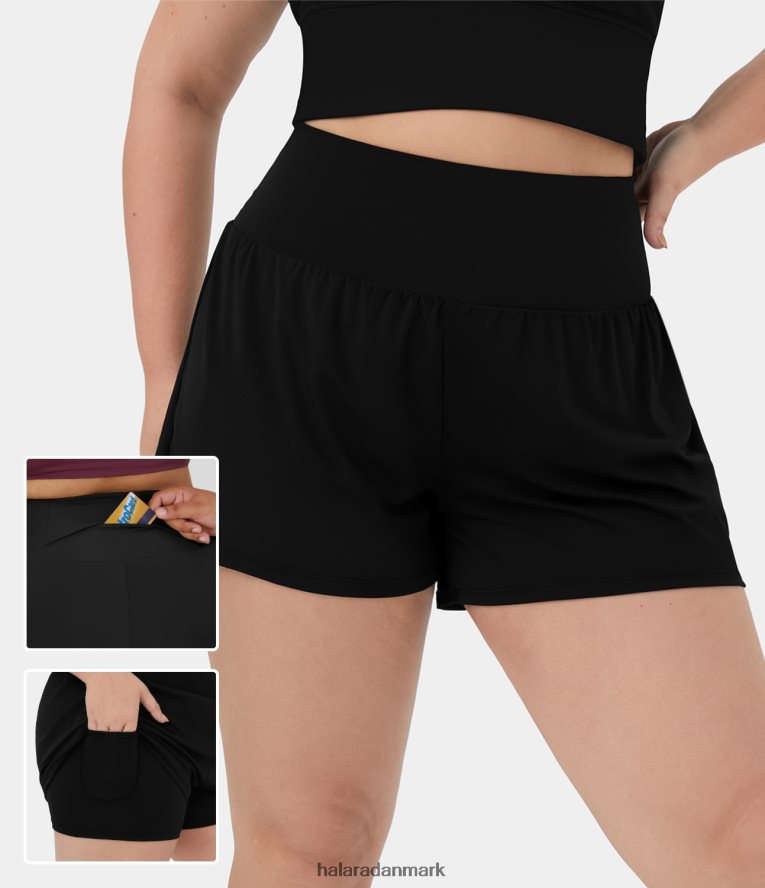 aktivt tøj dk Halara Kvinder baglomme plus skjult sidelomme 2-i-1 gym plus size shorts 3,5'' sort TH606J2123